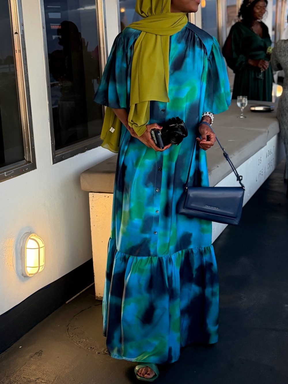 Lime Green Tie-Dye Maxi Dress with Puff Sleeves